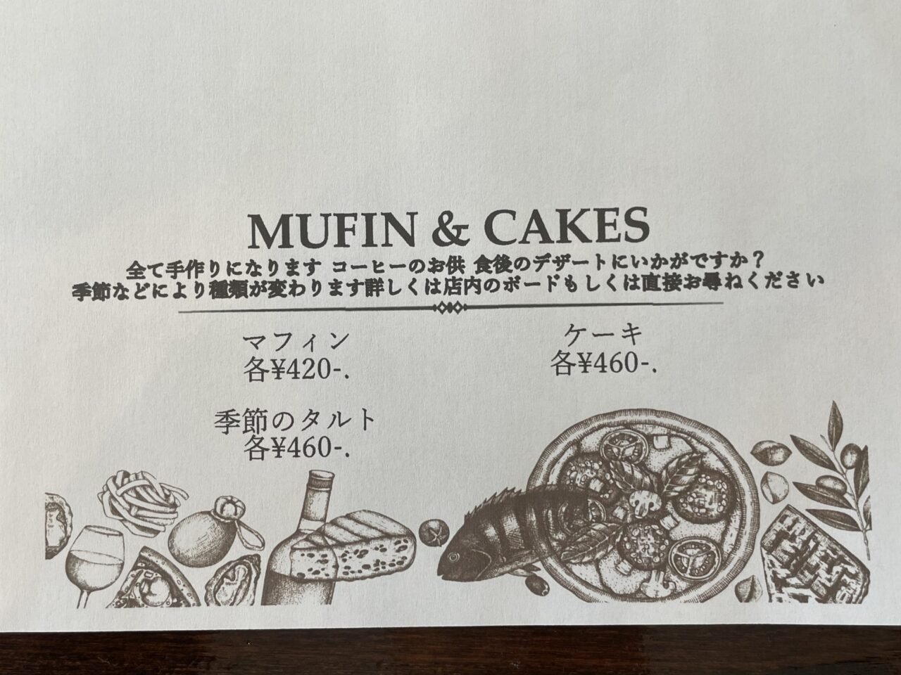 マフィンとケーキのメニュー